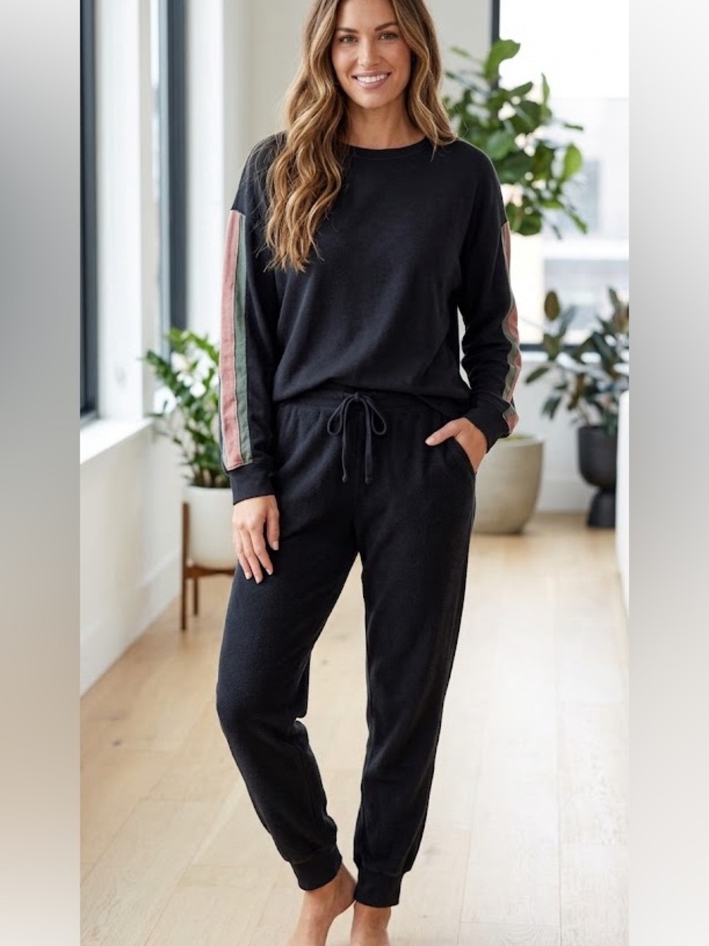 P.J. Salvage Large Black Crewneck Top with Olive Green and Rose Sleeve Stripes